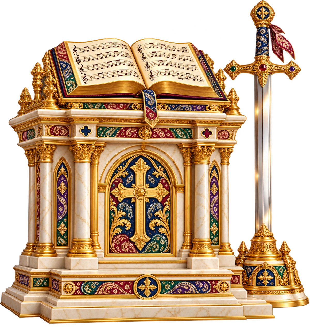 Gold and ivory altar with open musical Bible, cross and upright sword